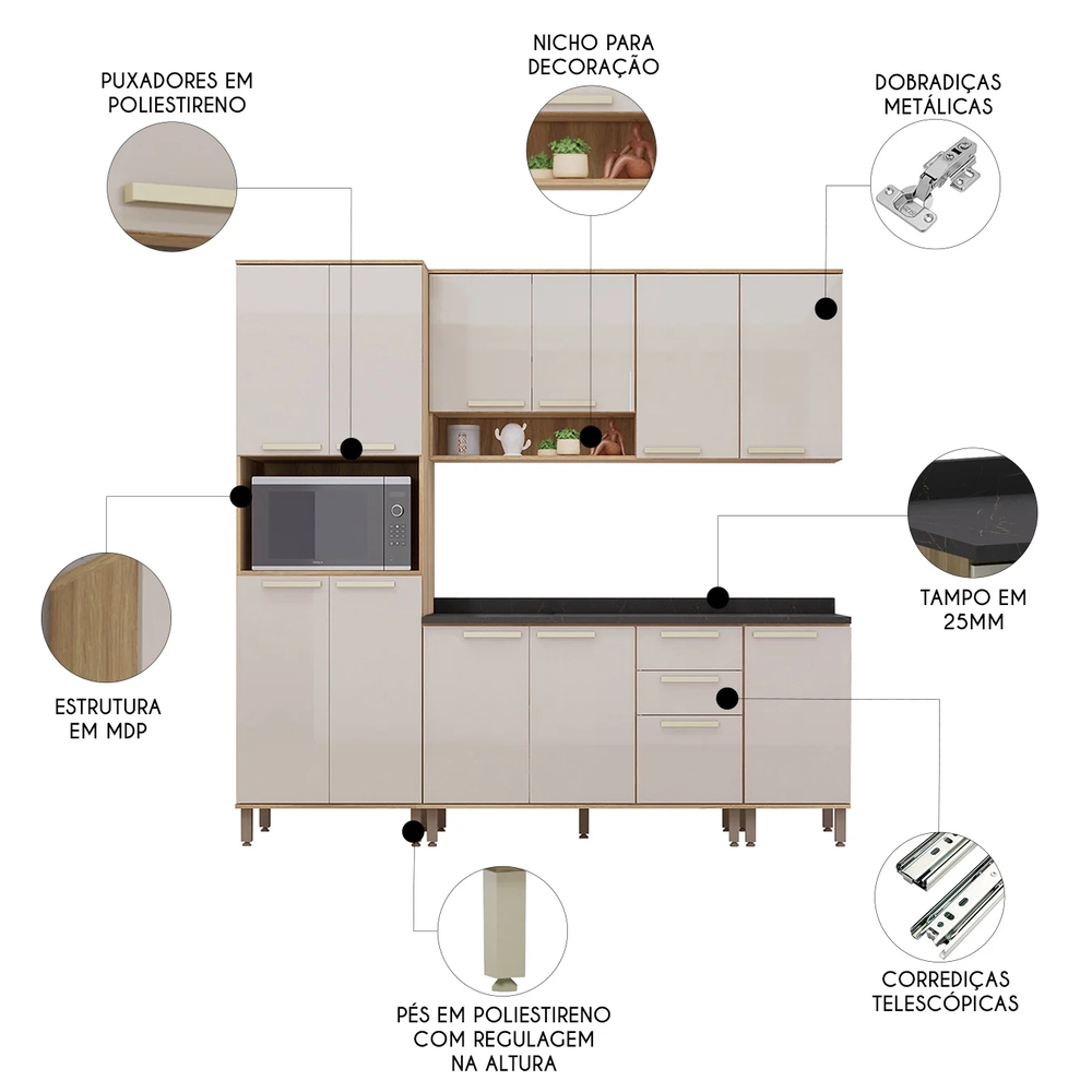 Armário Cozinha 5 Peças CP02 Com Tampo Nádia Mocca/Avelã L01 - Mpozenato