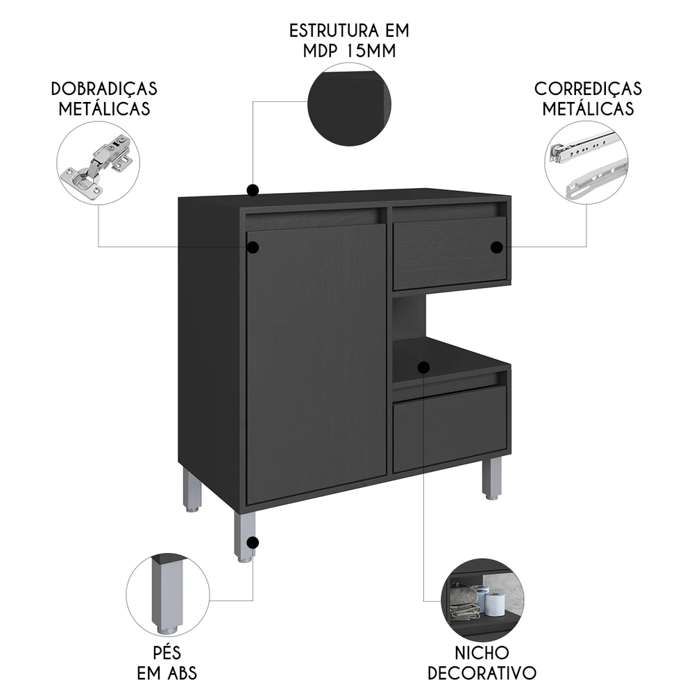Gabinete de Banheiro 80cm Para Cuba 1 Porta Clari Grafite F10 - Mpozenato