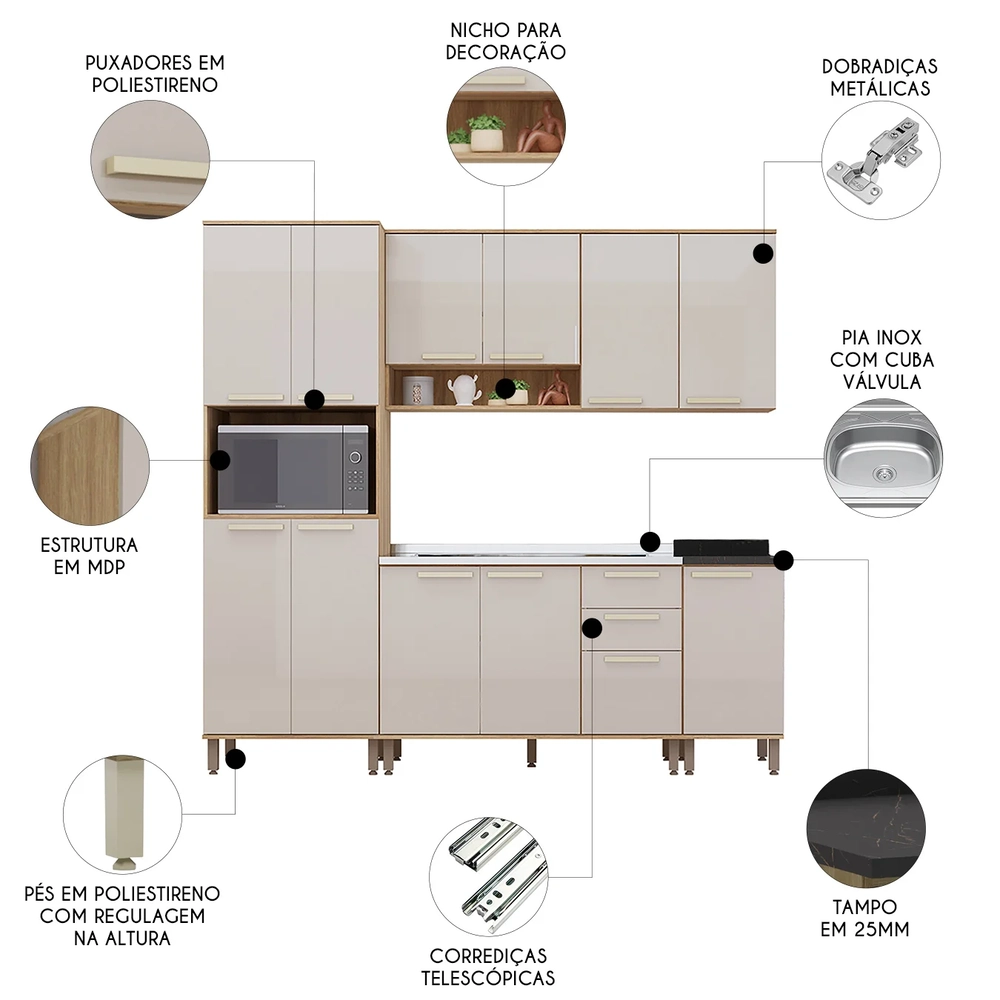 Armário Cozinha 5 Peças CP02 Com Pia Nádia Mocca/Avelã L01 - Mpozenato