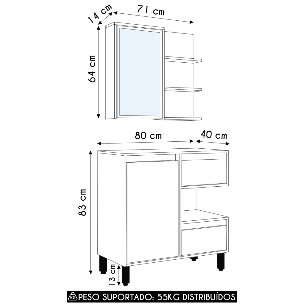 Gabinete Banheiro 80cm e Espelheira 70cm Clari Mel/Arenas F10 - Mpozenato