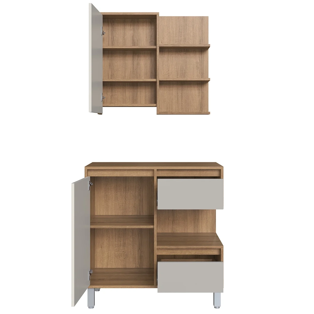 Gabinete Banheiro 80cm e Espelheira 70cm Clari Mel/Arenas F10 - Mpozenato