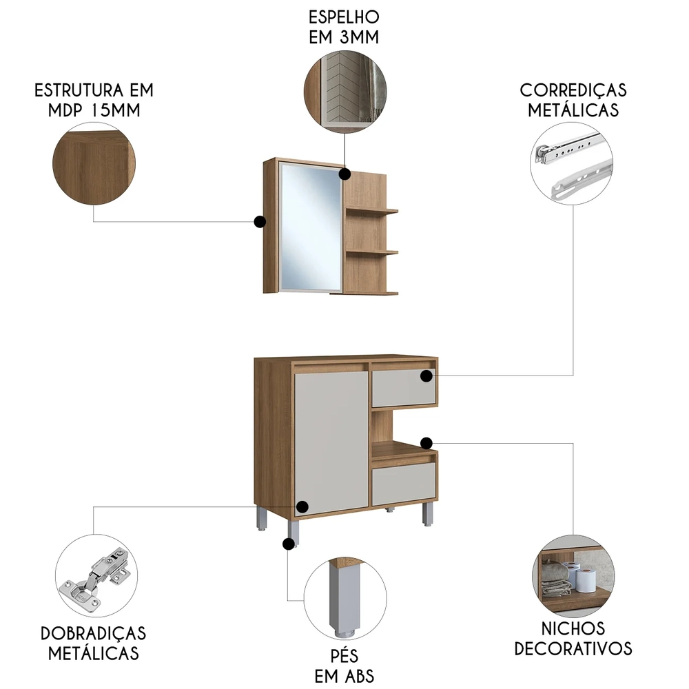 Gabinete Banheiro 80cm e Espelheira 70cm Clari Mel/Arenas F10 - Mpozenato
