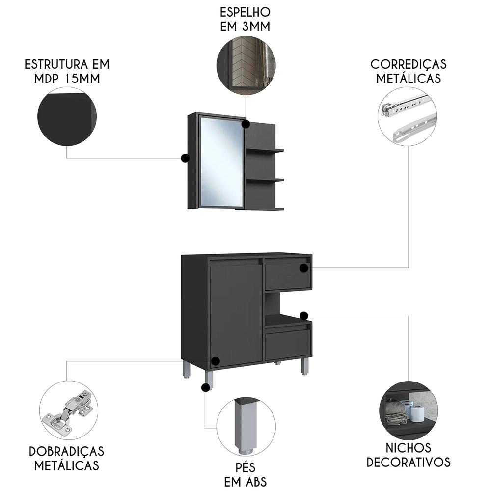 Gabinete Banheiro 80cm e Espelheira 70cm Clari Grafite F10  - Mpozenato