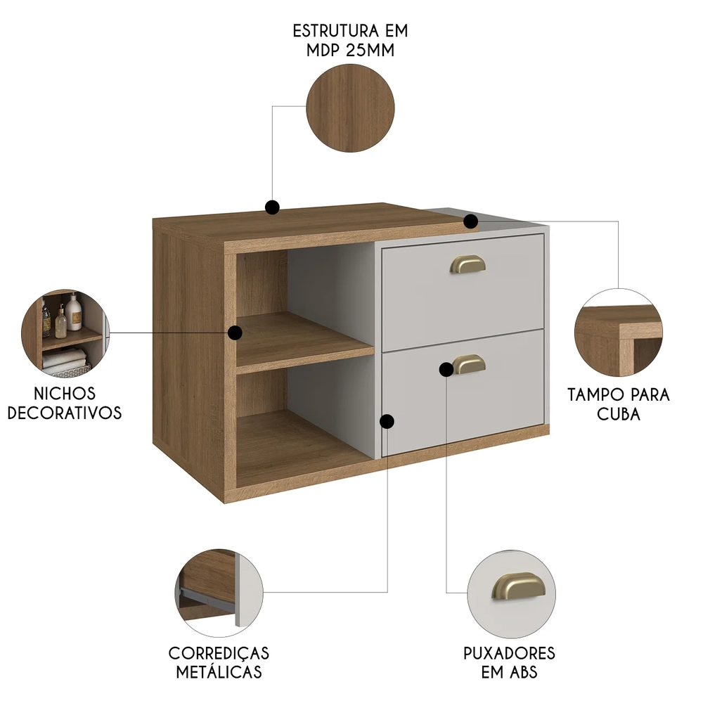 Gabinete de Banheiro 80cm Para Cuba 2 Portas Fael Mel/Arenas F10 - Mpozenato