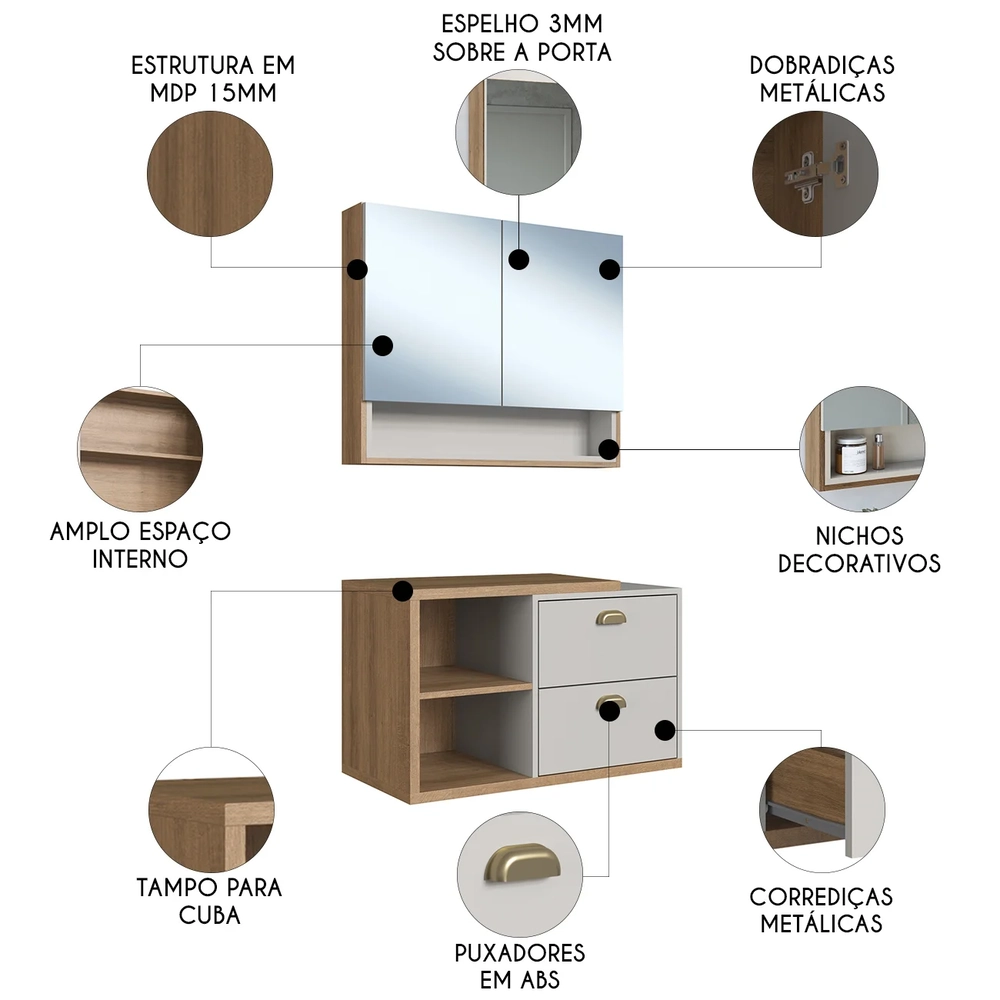 Gabinete Banheiro 80cm 2 Gavetas e Espelheira Fael Mel/Arenas F10 - Mpozenato