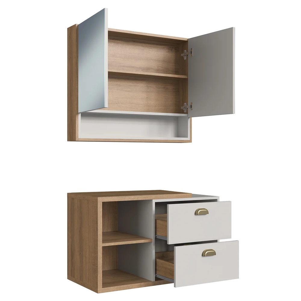 Gabinete Banheiro 80cm 2 Gavetas e Espelheira Fael Mel/Arenas F10 - Mpozenato