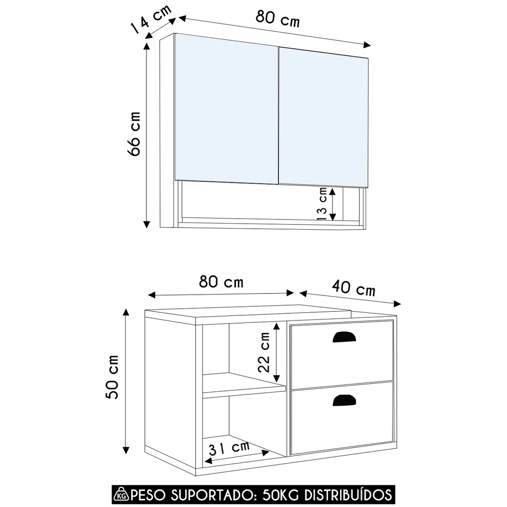 Gabinete Banheiro 80cm 2 Gavetas e Espelheira Fael Mel/Arenas F10 - Mpozenato