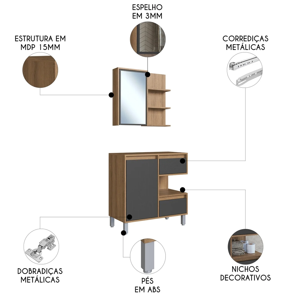 Gabinete Banheiro 80cm e Espelheira 70cm Clari Mel/Grafite F10 - Mpozenato
