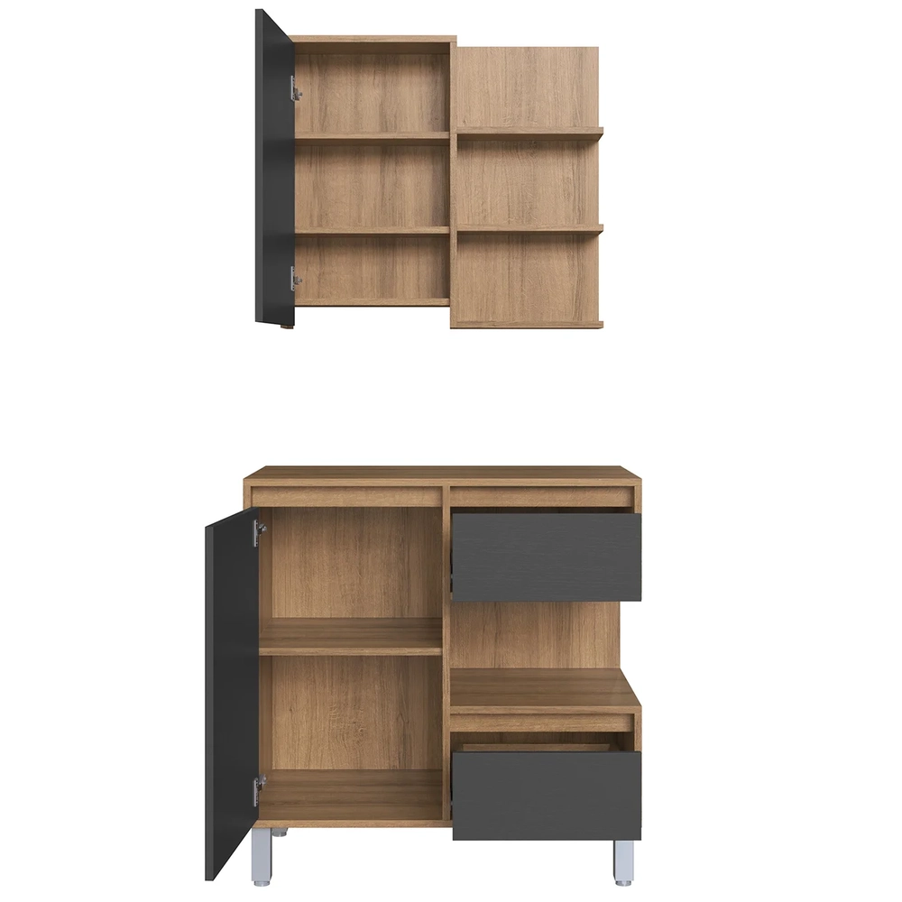 Gabinete Banheiro 80cm e Espelheira 70cm Clari Mel/Grafite F10 - Mpozenato