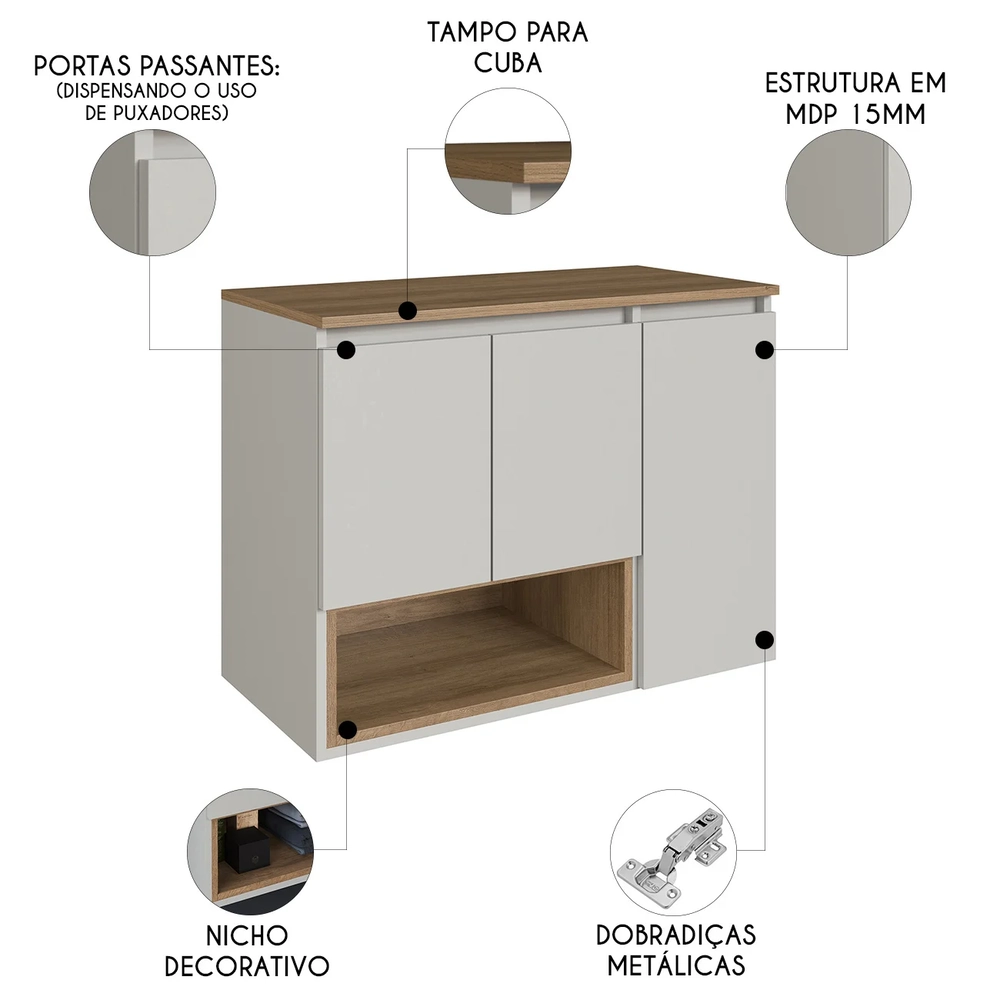 Gabinete de Banheiro 80cm Para Cuba 3 Portas Taos Mel/Arenas F10 - Mpozenato