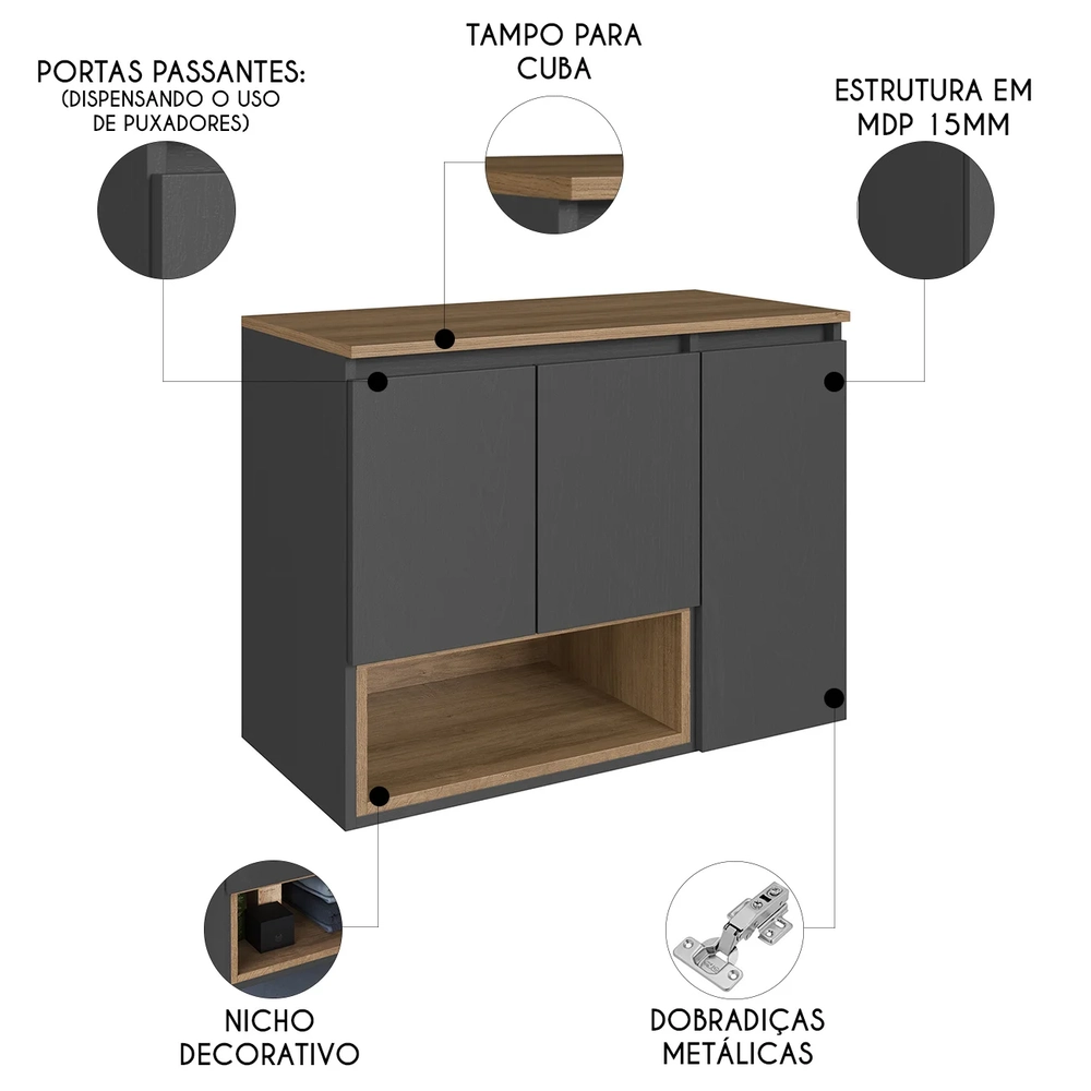 Gabinete de Banheiro 80cm Para Cuba 3 Portas Taos Mel/Grafite F10 - Mpozenato