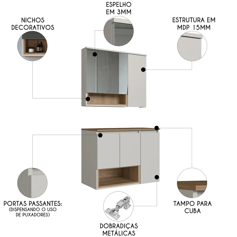 Gabinete Banheiro 80cm 3 Portas e Espelheira Taos Mel/Arenas F10 - Mpozenato