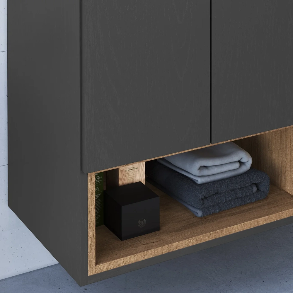 Gabinete Banheiro 80cm 3 Portas e Espelheira Taos Mel/Grafite F10 - Mpozenato