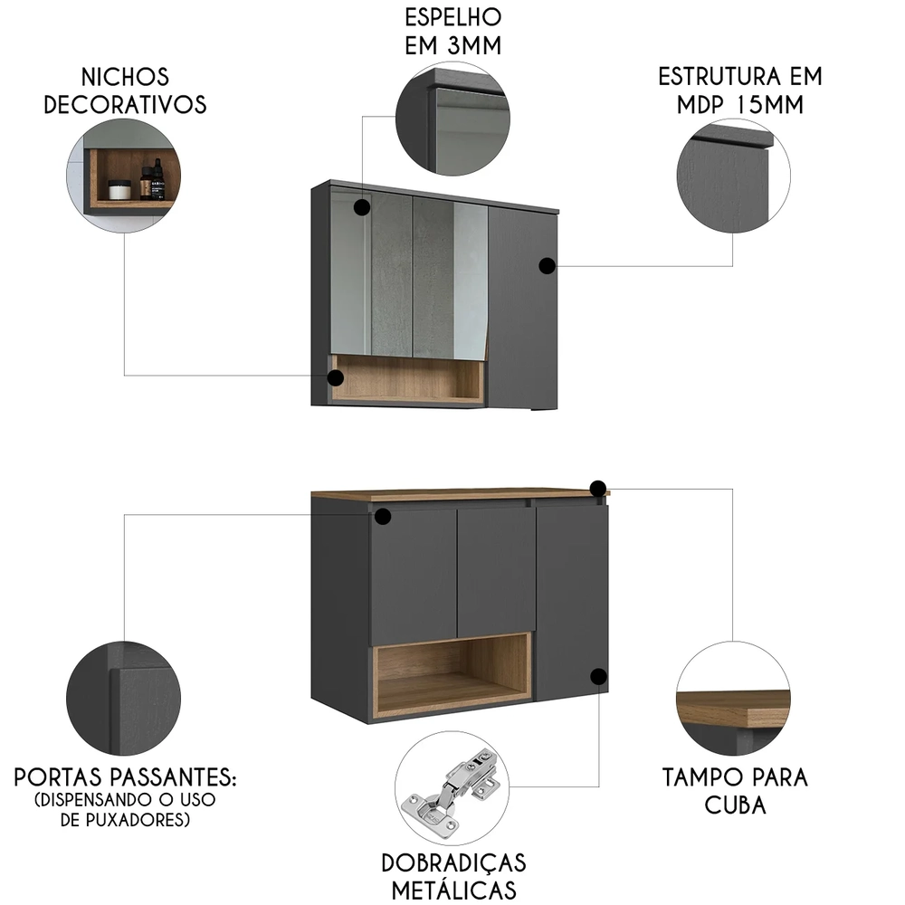 Gabinete Banheiro 80cm 3 Portas e Espelheira Taos Mel/Grafite F10 - Mpozenato