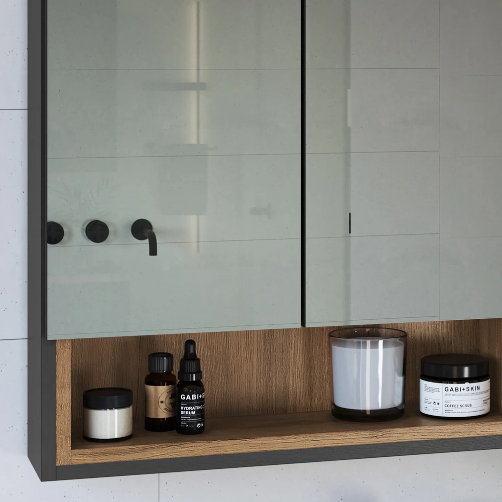 Gabinete Banheiro 80cm 3 Portas e Espelheira Taos Mel/Grafite F10 - Mpozenato