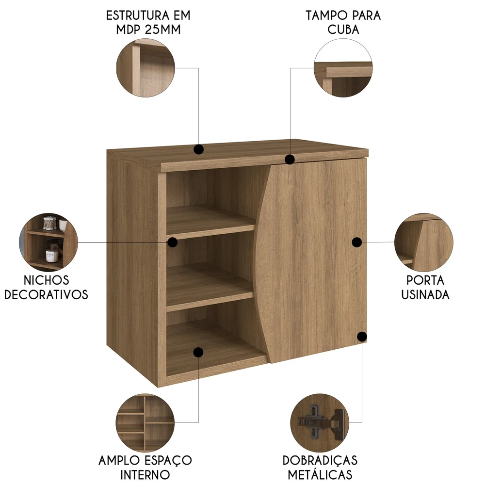 Gabinete de Banheiro 70cm Para Cuba 1 Porta Luanda Mel F10 - Mpozenato