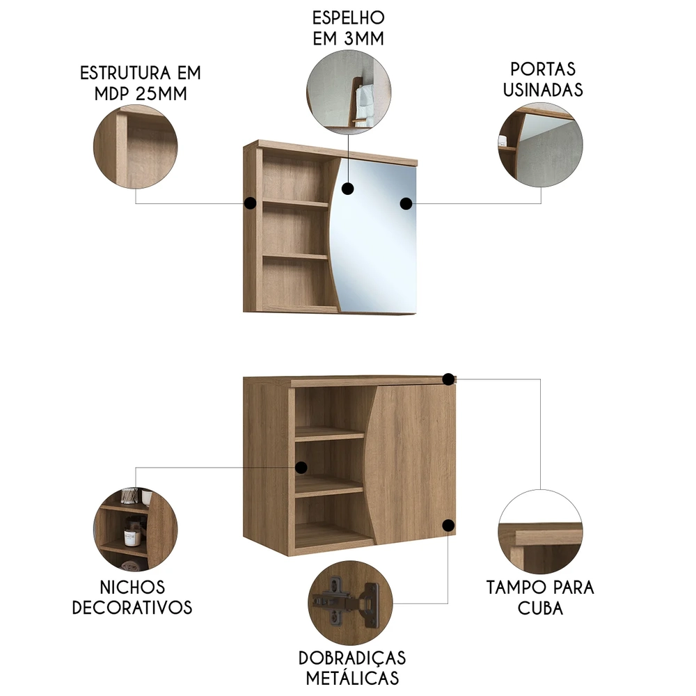 Gabinete de Banheiro 70cm Para Cuba e Espelheira Luanda Mel F10 - Mpozenato