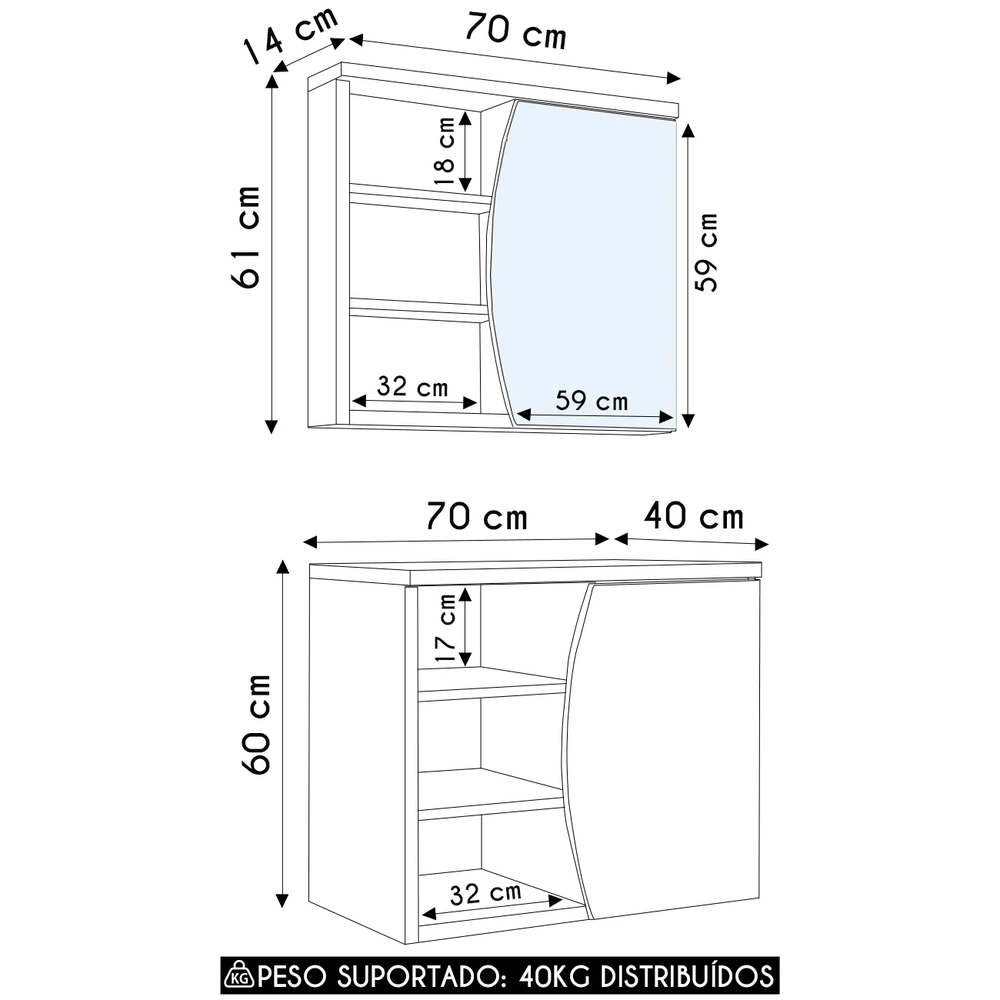 Gabinete de Banheiro 70cm Para Cuba e Espelheira Luanda Mel F10 - Mpozenato
