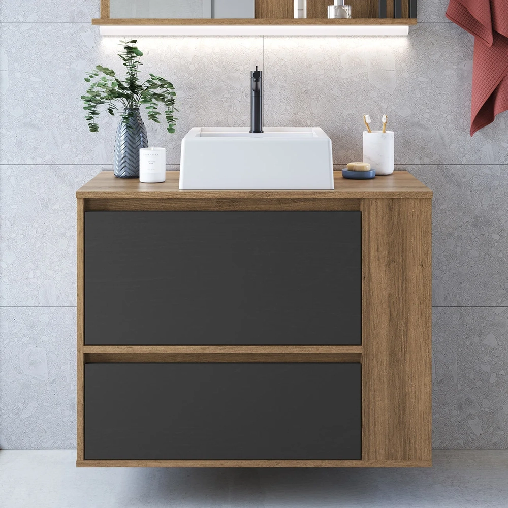 Gabinete de Banheiro 79cm com Cuba 1 Porta Zeus Mel/Grafite F10  - Mpozenato