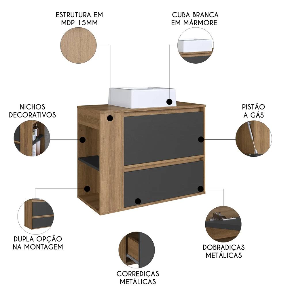 Gabinete de Banheiro 79cm com Cuba 1 Porta Zeus Mel/Grafite F10  - Mpozenato