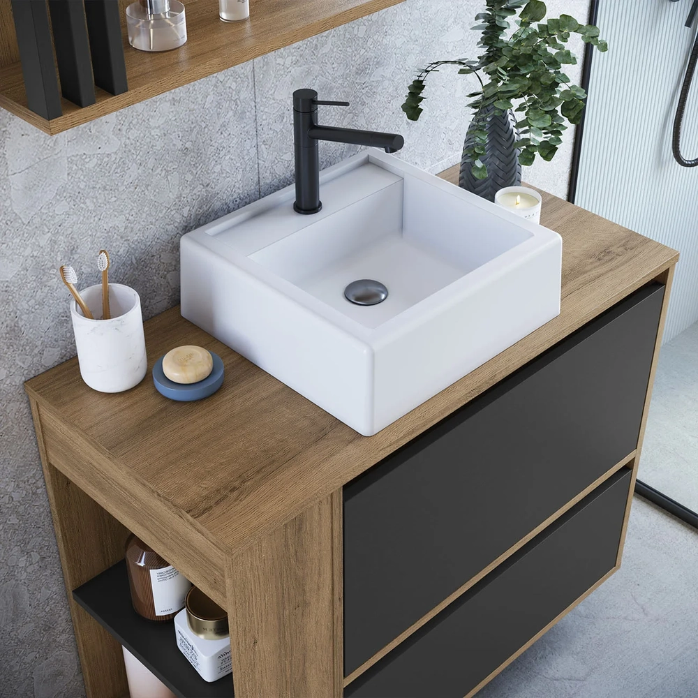 Gabinete de Banheiro 79cm com Cuba 1 Porta Zeus Mel/Grafite F10  - Mpozenato