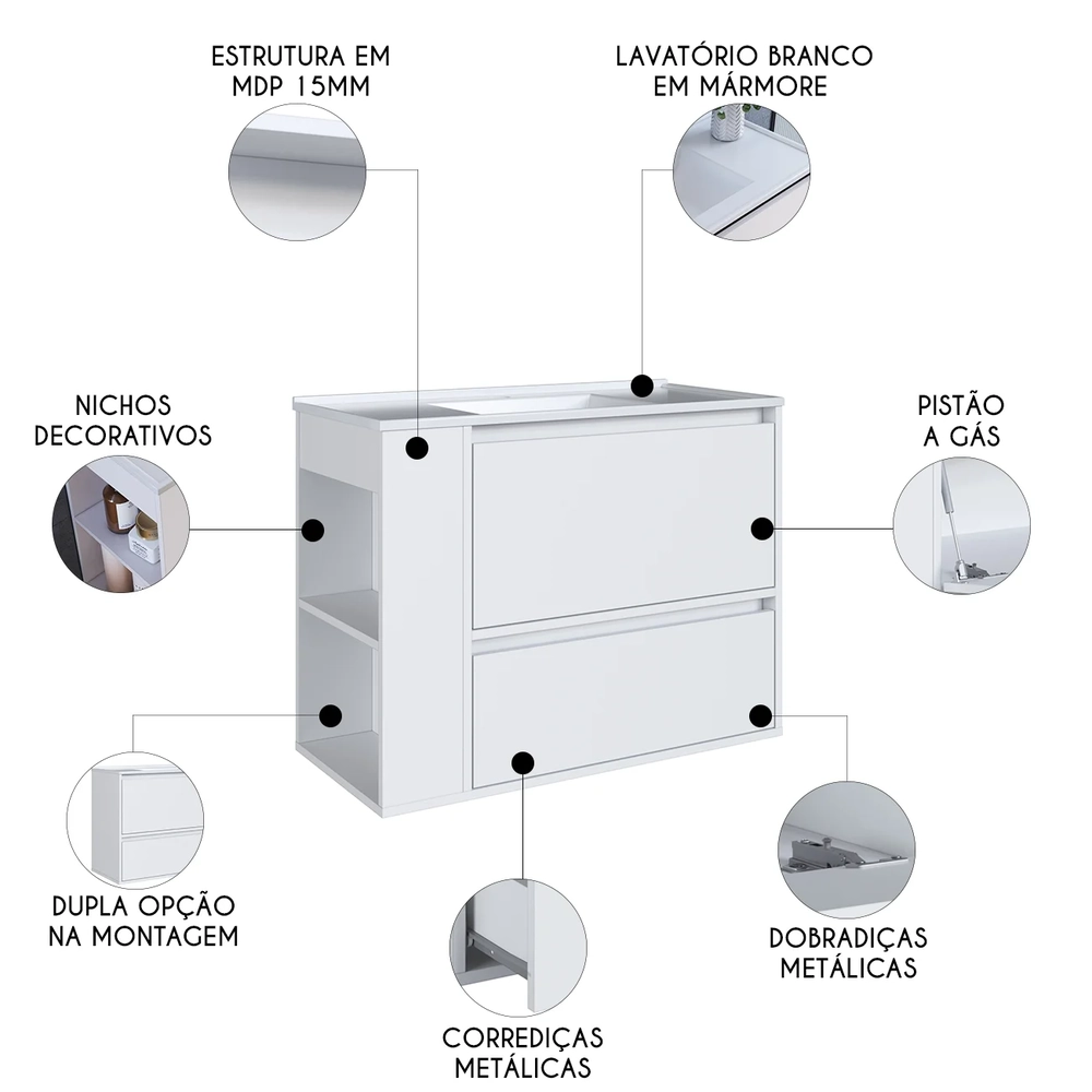 Gabinete de Banheiro 80cm com Lavatório 1 Porta Zeus Branco F10  - Mpozenato