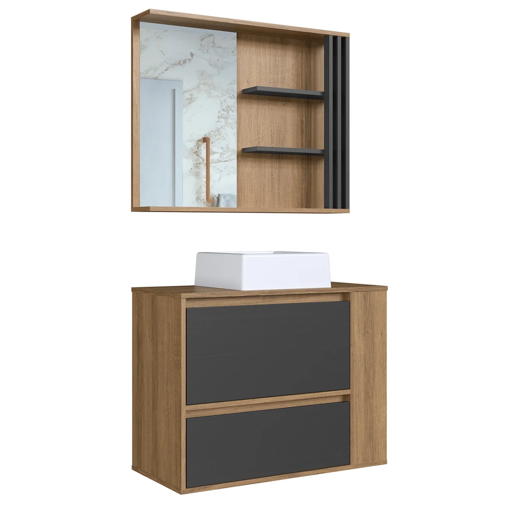 Gabinete Banheiro com Cuba e Espelheira Zeus Mel/Grafite F10 - Mpozenato