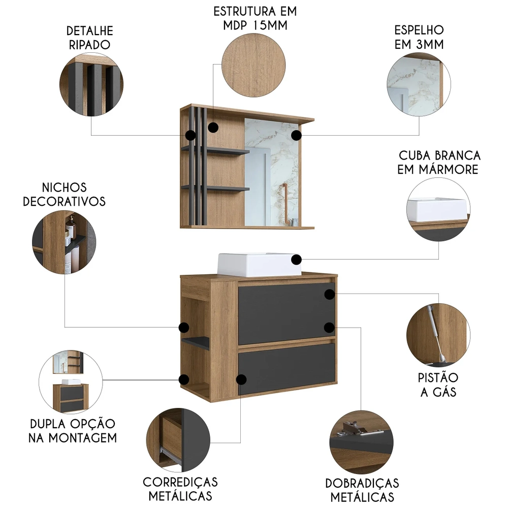 Gabinete Banheiro com Cuba e Espelheira Zeus Mel/Grafite F10 - Mpozenato