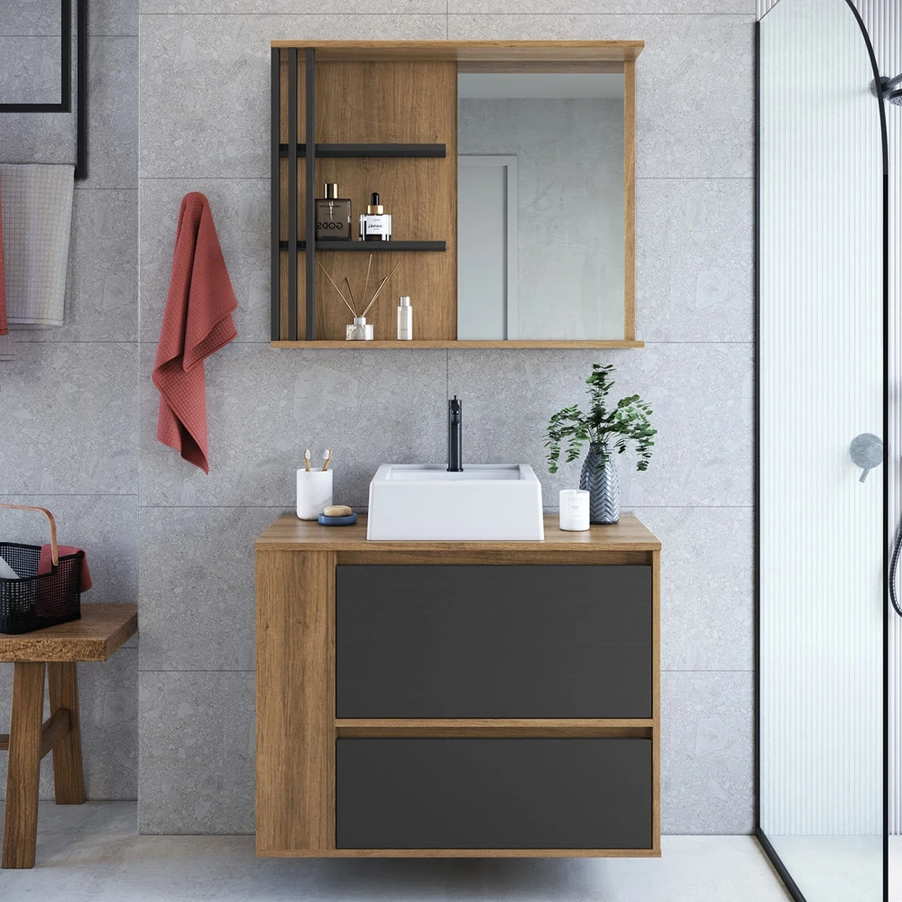 Gabinete Banheiro com Cuba e Espelheira Zeus Mel/Grafite F10 - Mpozenato