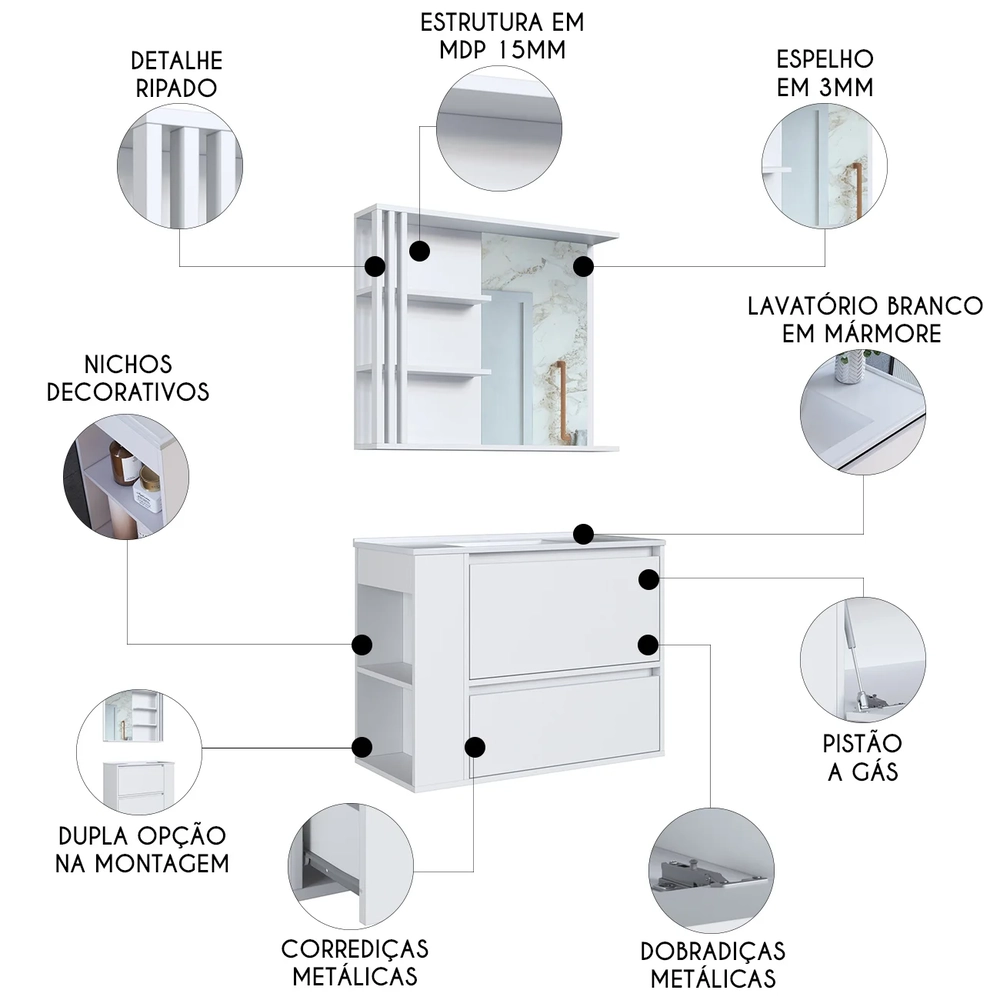 Gabinete Banheiro com Lavatório e Espelheira Zeus Branco F10 - Mpozenato