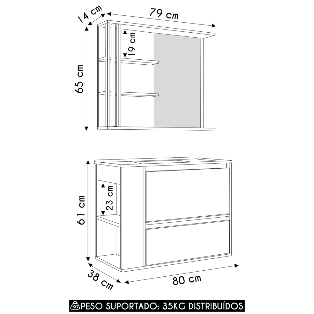 Gabinete Banheiro com Lavatório e Espelheira Zeus Branco F10 - Mpozenato