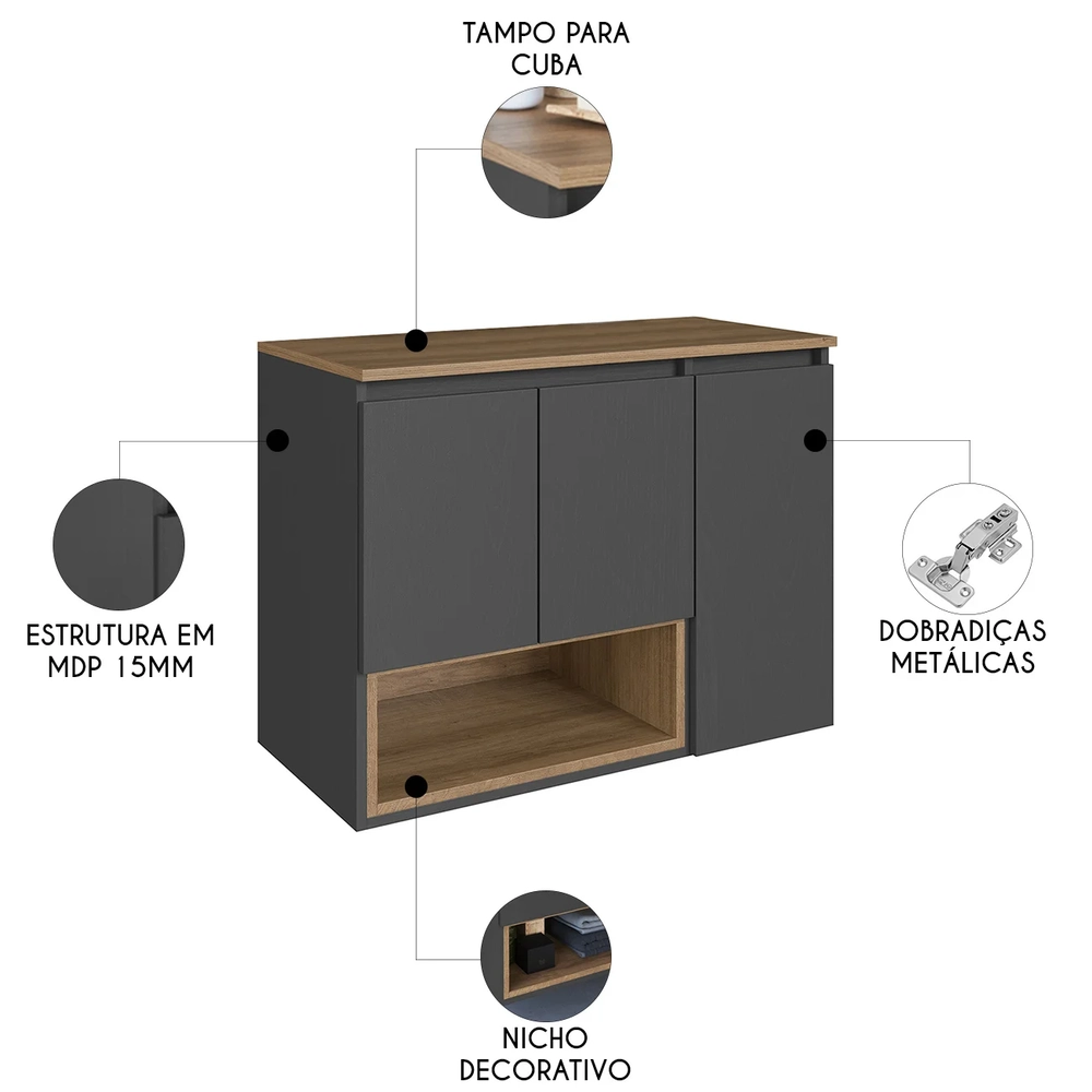 Gabinete Banheiro 80cm Para Cuba 3 Portas Eros Mel/Grafite F10 - Mpozenato