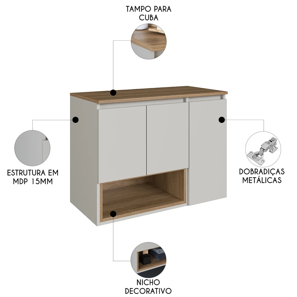 Gabinete Banheiro 80cm Para Cuba 3 Portas Eros Mel/Arenas F10 - Mpozenato