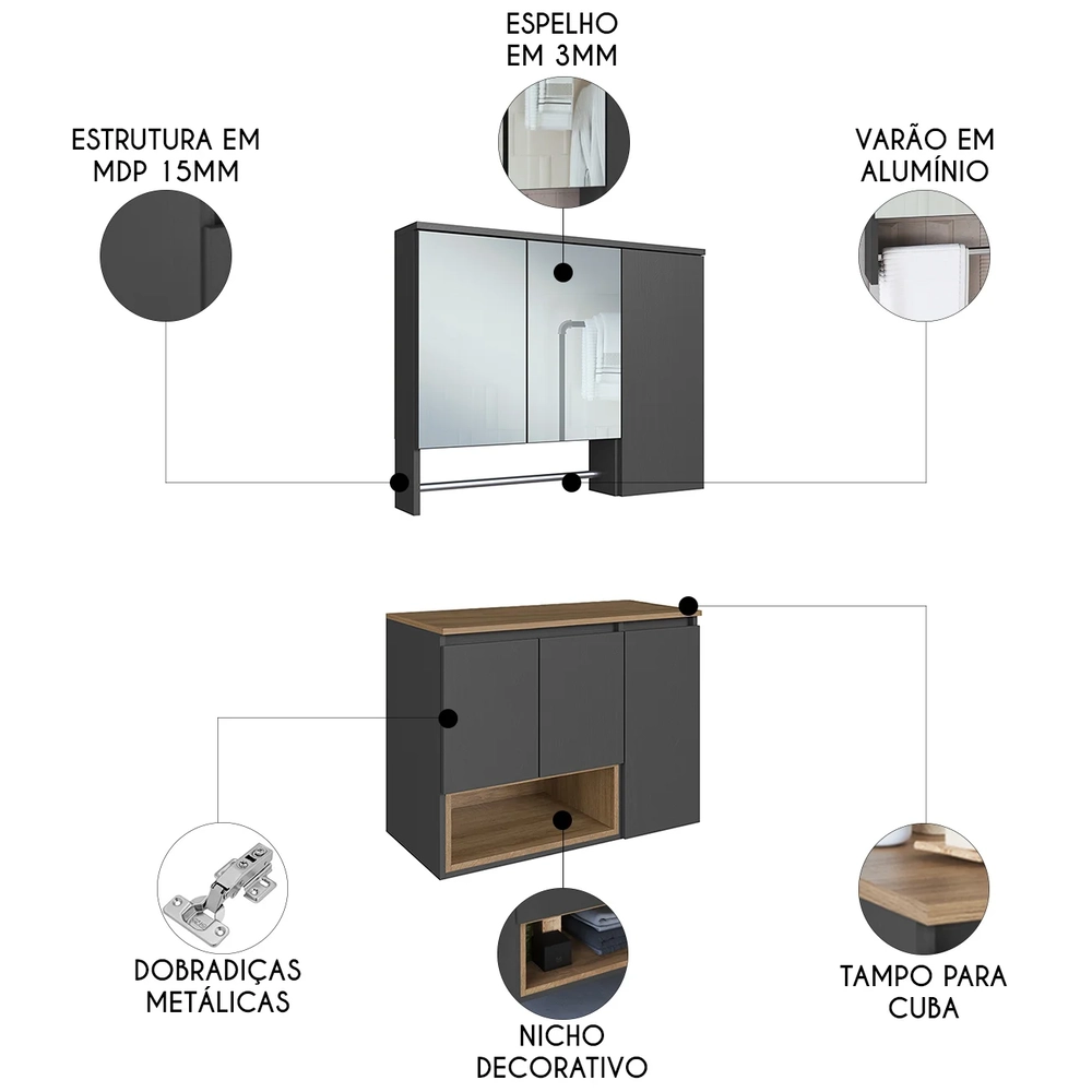 Gabinete Banheiro Para Cuba e Espelheira Eros Mel/Grafite F10 - Mpozenato