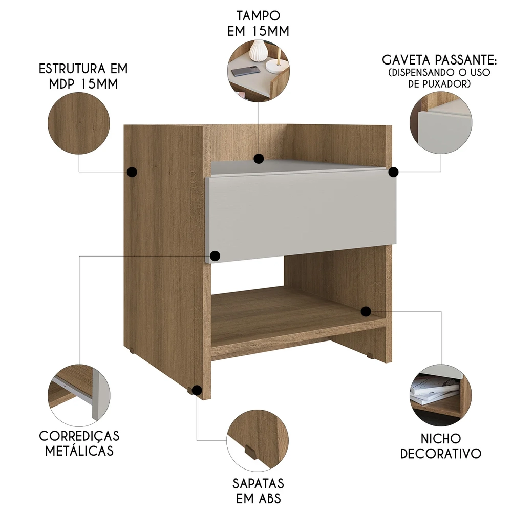 Mesa de Cabeceira 40cm com 1 Gaveta Freyr Mel/Arenas F10 - Mpozenato