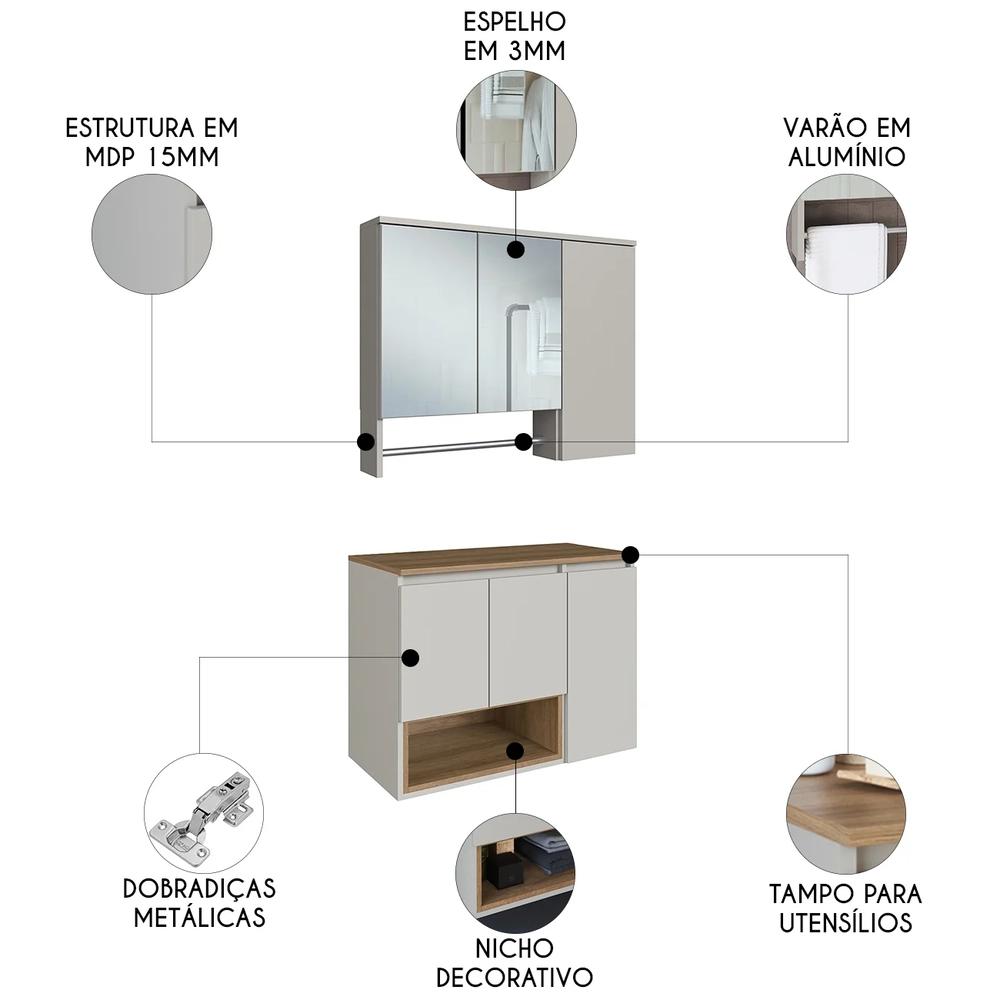 Gabinete Banheiro Para Cuba e Espelheira Eros Mel/Arenas F10 - Mpozenato