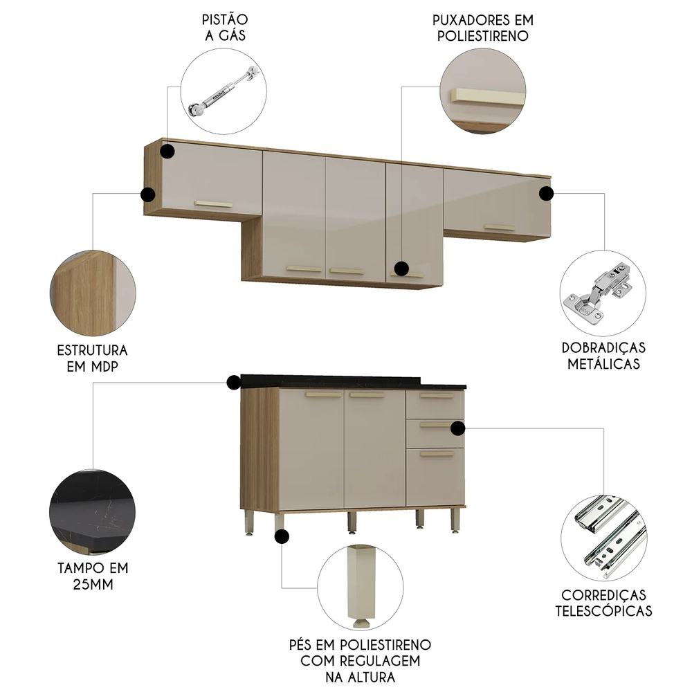 Armário Cozinha 4 Peças CP03 Com Tampo Nádia Mocca/Avelã L01 - Mpozenato