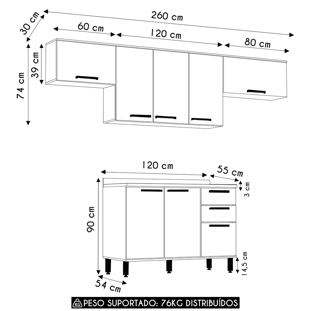 Armário Cozinha 4 Peças CP03 Com Tampo Nádia Mocca/Avelã L01 - Mpozenato