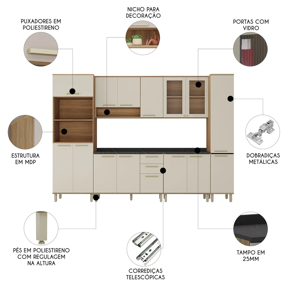 Armário Cozinha 6 Peças CP04 Com Tampo Nádia Mocca/Avelã L01 - Mpozenato
