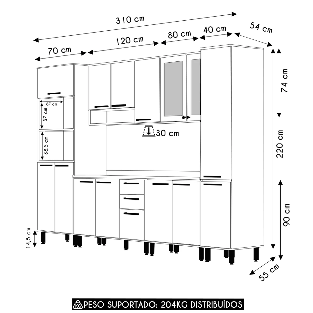 Armário Cozinha 6 Peças CP04 Com Tampo Nádia Mocca/Avelã L01 - Mpozenato