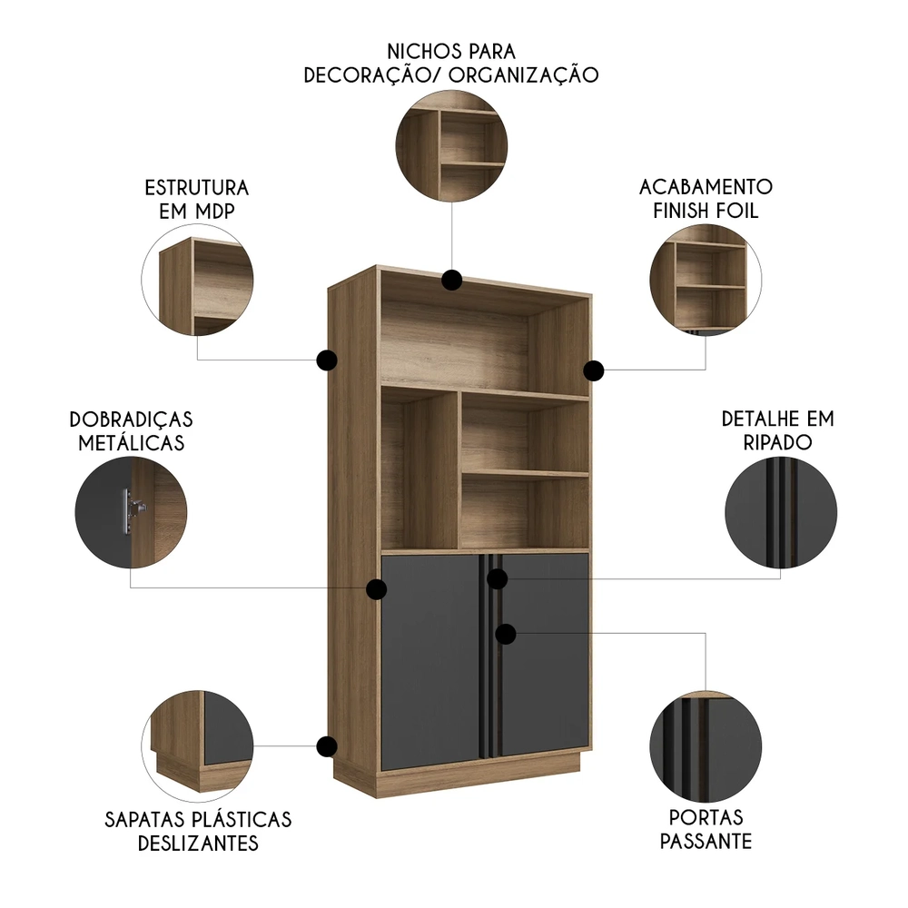 Estante Para Escritório 80cm 2 Portas Rael Mel/Grafite F10  - Mpozenato