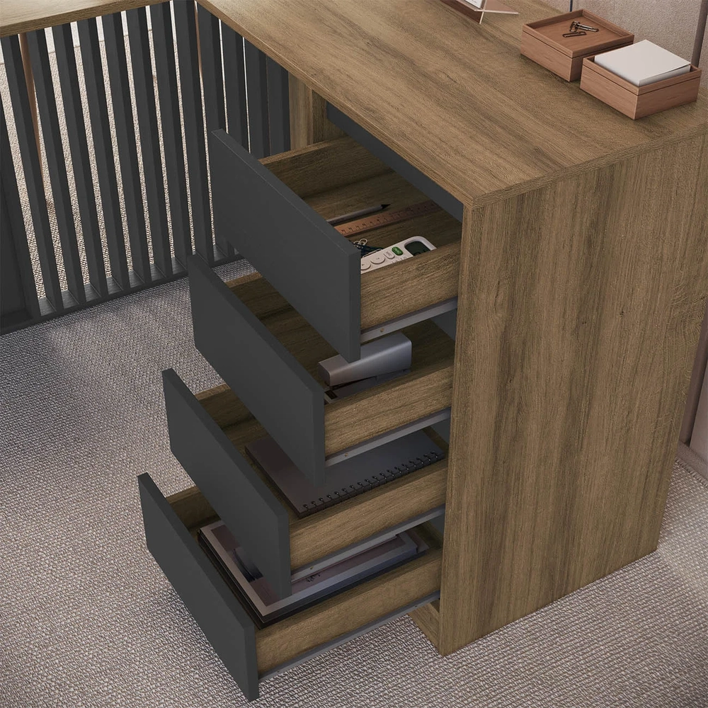 Escrivaninha em L 120cm 4 Gavetas Rael Mel/Grafite F10      - Mpozenato