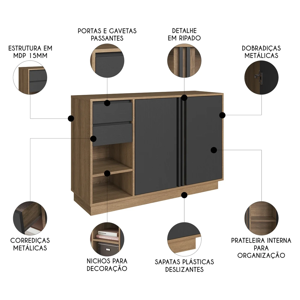 Balcão Para Escritório 110cm 2 Portas Rael Mel/Grafite F10  - Mpozenato