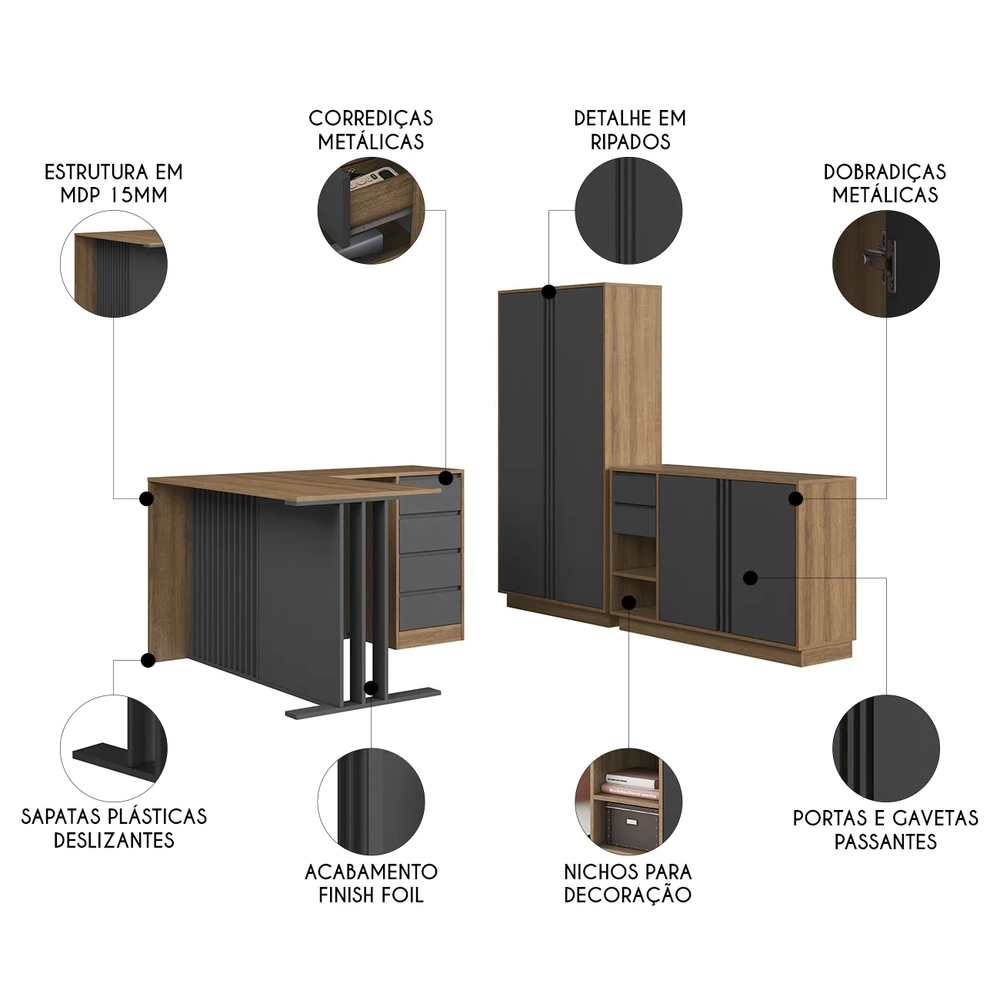Escrivaninha em L Armário e Balcão Rael Mel/Grafite F10     - Mpozenato