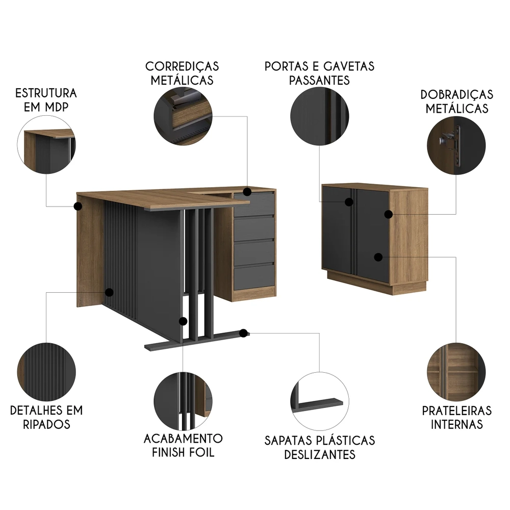 Escrivaninha em L e Balcão 2 Portas Rael Mel/Grafite F10 - Mpozenato