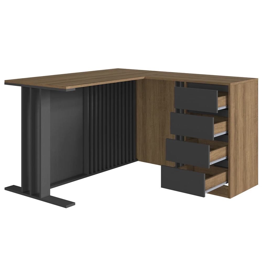 Escrivaninha em L e Estante 2 Portas Rael Mel/Grafite F10   - Mpozenato