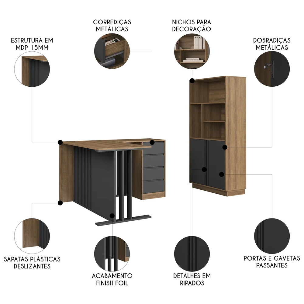 Escrivaninha em L e Estante 2 Portas Rael Mel/Grafite F10   - Mpozenato