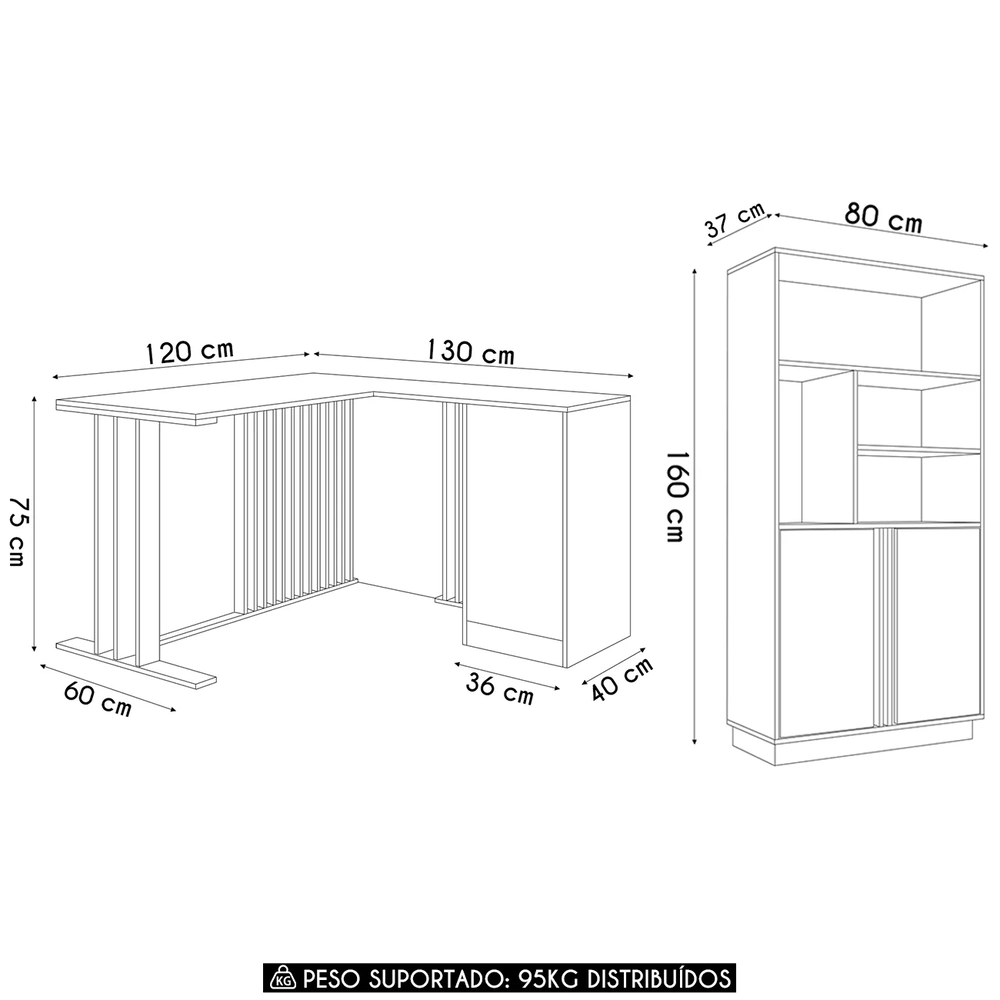 Escrivaninha em L e Estante 2 Portas Rael Mel/Grafite F10   - Mpozenato