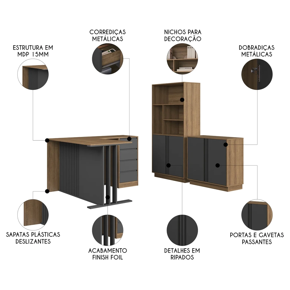 Escrivaninha em L Estante e Balcão Rael Mel/Grafite F10     - Mpozenato