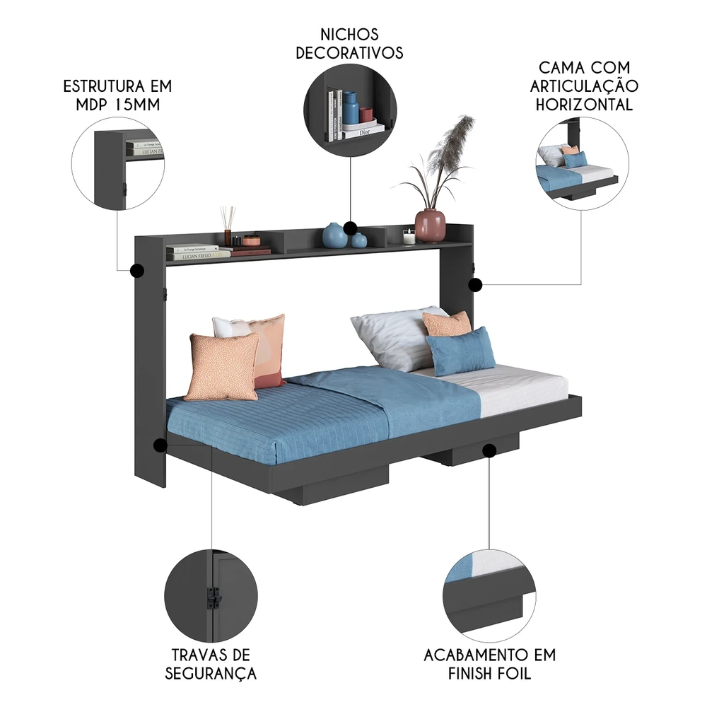 Cama Solteiro Infantil Articulação Horizontal Isis Grafite A05 - Mpozenato 